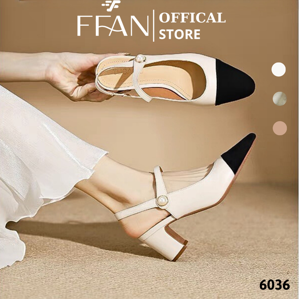 Giày nữ hở gót mũi tròn đế vuông [da thật] mềm mại 6036 FFAN STORE, cao ...